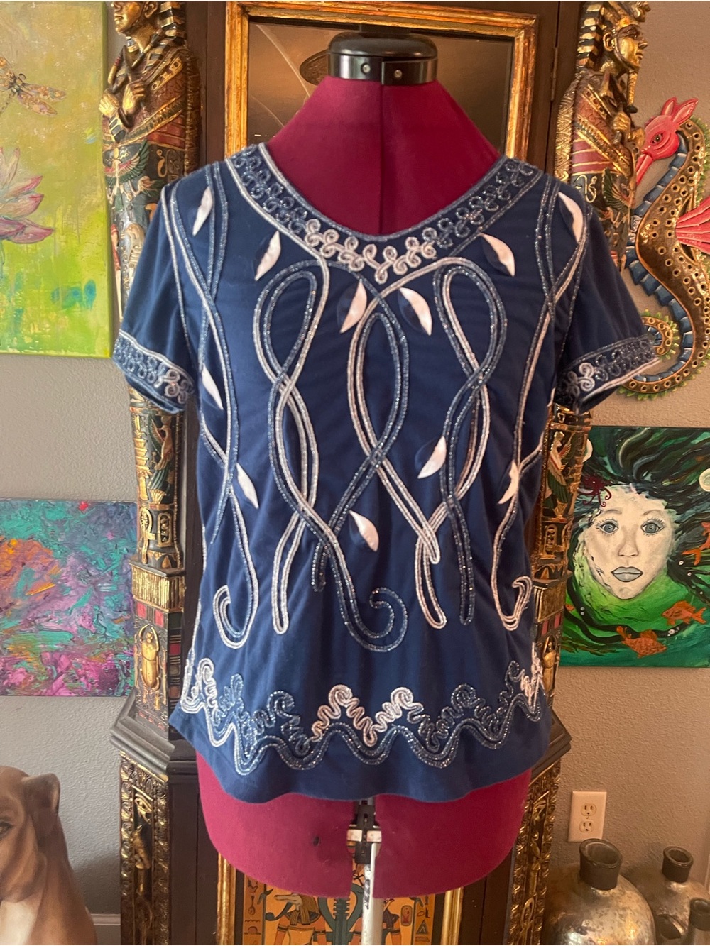 Lauren Michelle Navy Blue Embroidered Short-Sleeve Top